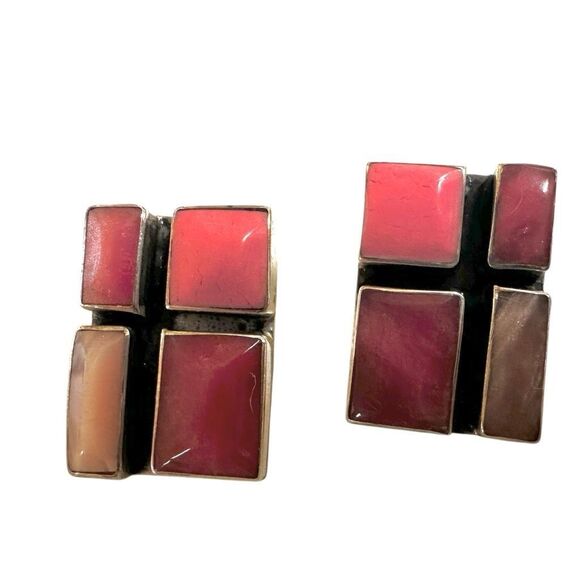 Sterling Silver  Pink Dyed Shell Earrings  Modernist Design - Picture 1 of 12